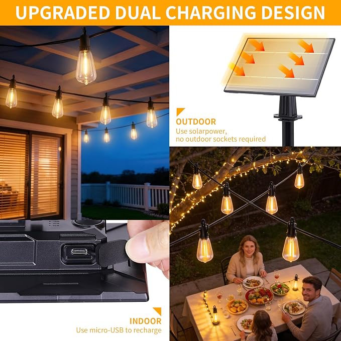 120FT Solar String Lights for Outside with 50+2 Shatterproof, Outdoor Light with Remote ST38 Vintage Edison Bulbs, Solar Lights Outdoor Waterproof Hanging Light for Outside Backyard