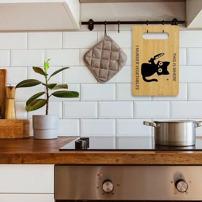 Funny Black Cat Cutting Board-This Is Where I Murder Vegetable, Charcuterie Board for Kitchen Decor, House Warming Gifts for Cat Lovers Couples Friends -05