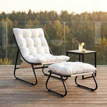 Rocking Chair with Ottoman, Modern Metal Frame Outdoor Rocker, Comfy Patio Lounge Chair with Footrest, Reading Glider Chairs for Living Room, Bedroom, Balcony, Garden, Relax, White