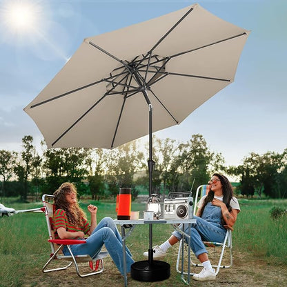 FLAME&SHADE 2 Tiers 9ft Solar Light Patio Umbrella, 40 LED lights outdoor umbrella with Centre Surround Light, Table Market Umbrella for Deck, Pool, Porch, Backyard, Garden (Taupe)