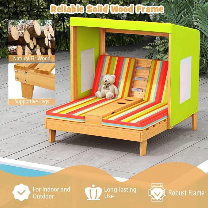 Kids Lounge Chair Outdoor, 2-Seat Toddler Patio Chair with Cushions, Cup Holders, Detachable Canopy, Wooden Double Chaise Lounge for Lawn, Pool, Garden, and Yard (Green)