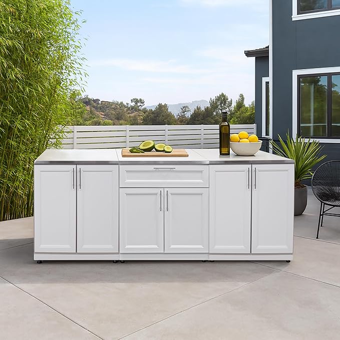Blue Sky Outdoor Living White Shaker 3-Piece Outdoor Kitchen Combo Set 10 – Weatherproof Modular Storage Cabinets