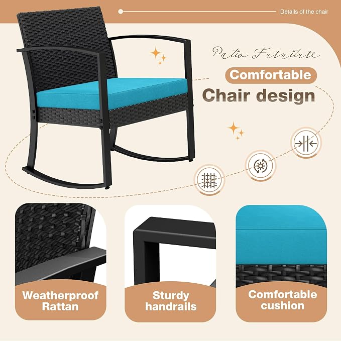 Greesum 3 Piece Patio Furniture Set, All-Weather Imitation Rattan Conversation Set, Outdoor Rocking Chair Bistro Set with Glass Top Coffee Table for Pool, Deck, Porch, Garden or Balcony, Blue