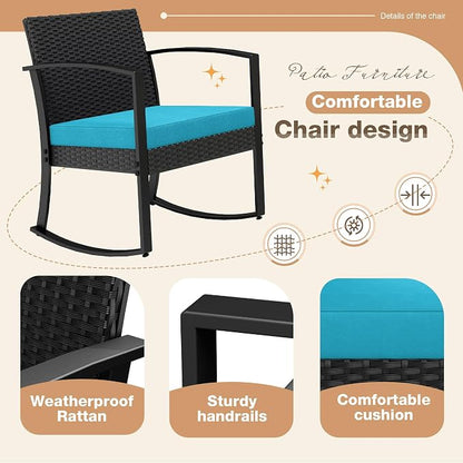 Greesum 3 Piece Patio Furniture Set, All-Weather Imitation Rattan Conversation Set, Outdoor Rocking Chair Bistro Set with Glass Top Coffee Table for Pool, Deck, Porch, Garden or Balcony, Blue