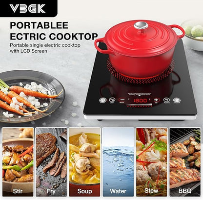 VBGK Single Burner Electric Cooktop,110V 1800W Electric Stove Top with LED Touch Control,Single electric burner 9 Power Levels, 4 hTimer, Safety Lock,Overheat protection