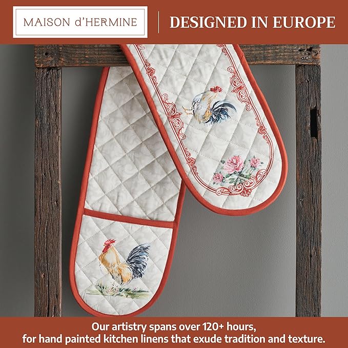 Maison d' Hermine Double Oven Mitts 100% Cotton 7"x35" Double Oven Mitt Heat Resistant BBQ Cooking Gloves with Loop Baking Grilling Kitchen Hotel Home Farmhouse Spring Summer (Campagne)