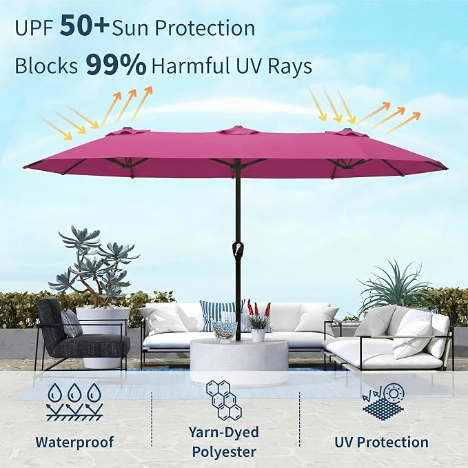 15FT Double Sided Patio Umbrella with Base Included Large Outdoor Market Umbrella with Crank Handle, UV Resistant Canopy, Sturdy Frame for Garden, Poolside, Deck, Rose Pink