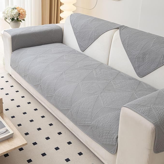 vctops Cotton Quilted Couch Covers for Sectional Sofa (Grey,28"x59") | Geometric Washable Non Slip Sofa Slipcover for Dogs, Children, Pets Furniture Protector Cover