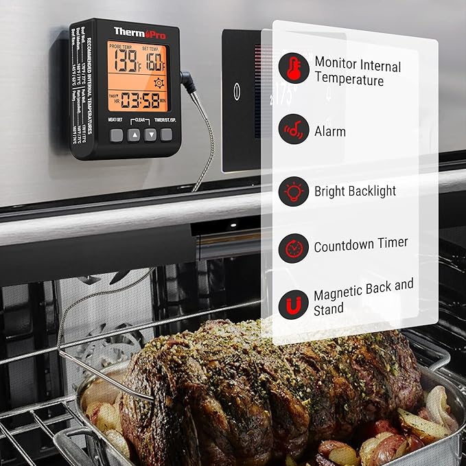 ThermoPro TP16SW Digital Meat Thermometer for Cooking and Grilling, BBQ Food Thermometer with Backlight and Kitchen Timer, Grill Temperature Probe Thermometer for Smoker, Barbecue, Oven, Black