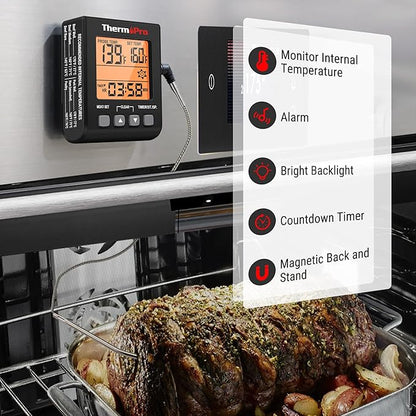 ThermoPro TP16SW Digital Meat Thermometer for Cooking and Grilling, BBQ Food Thermometer with Backlight and Kitchen Timer, Grill Temperature Probe Thermometer for Smoker, Barbecue, Oven, Black