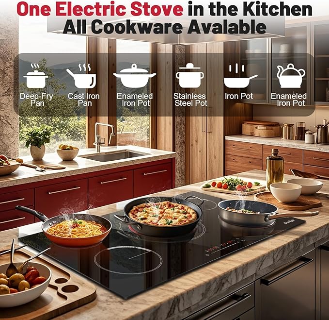 36 Inch Electric Cooktop - Built-in(34.25"x19.3") 36 Inch Electrical Stove 240V, 9200W Five Burner Ceramic Cooktop, Slide-Touch Control, Timer, Safety Lock, Electric Stovetop, 220V Hard Wired