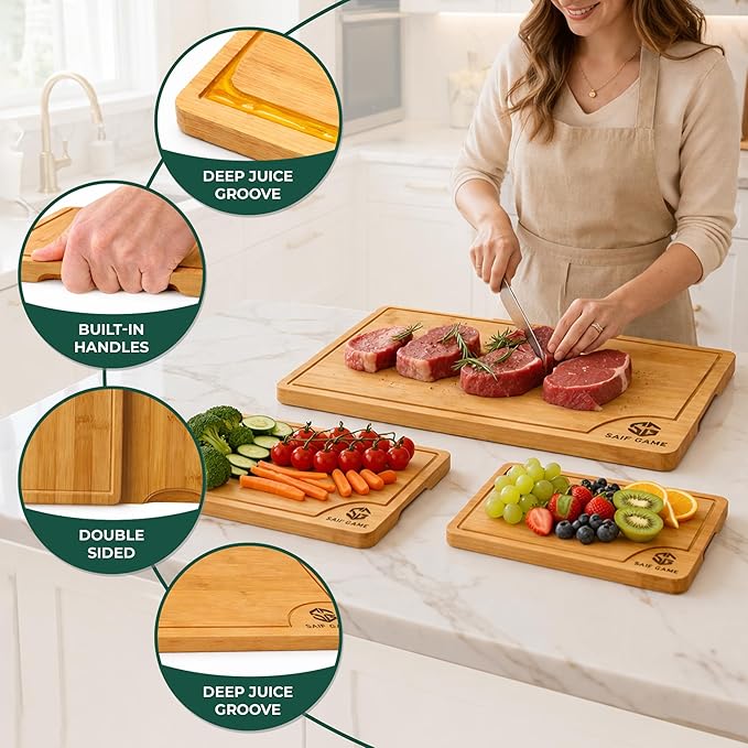 Bamboo Cutting Board Set of 3 – Non-Toxic, Eco-Friendly Bread & Meat Kitchen cutting Boards with Deep Juice Groove & Non-Slip Feet (9x5.9, 12x7.87, 14.96x10)