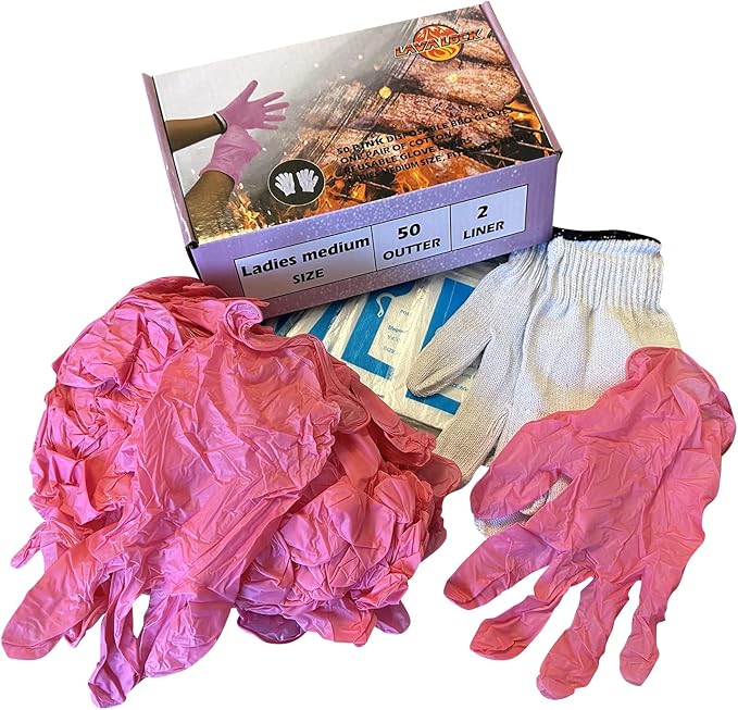 LavaLock Disposable Nitrile BBQ Gloves with Cotton Liners for Outdoor Cooking Grilling Smokers and Barbecue Competition, Chef or Kitchen use (Medium 50 Count Pink)