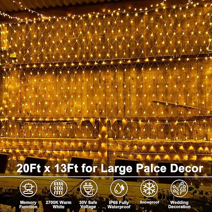 echosari 20Ft x 13Ft Net Lights Outdoor Mesh Lights Plug in with Remote, 720 LED Christmas Net Light IP68 Fully Waterproof for Party Garden Backyard Wall Bush Decor (Warm White)