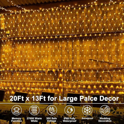 echosari 20Ft x 13Ft Net Lights Outdoor Mesh Lights Plug in with Remote, 720 LED Christmas Net Light IP68 Fully Waterproof for Party Garden Backyard Wall Bush Decor (Warm White)