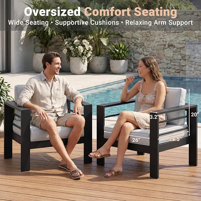 Solaste 5-Seaters Aluminum Outdoor Patio Furniture Set, Patio Sectional with 5" Thick Cushion, Outdoor Furniture with Coffee Table, Patio Sofa for Porch, Backyard, Deck, Yard, Light Grey