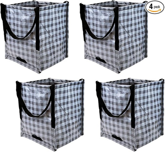 DURASACK Heavy Duty Storage Tote Bag 22-Gallon, Gingham Gray, Pack of 4 | Rugged Woven Polypropylene Moving Bag, Reusable Self-Standing Design, Holds up to 500 Pounds