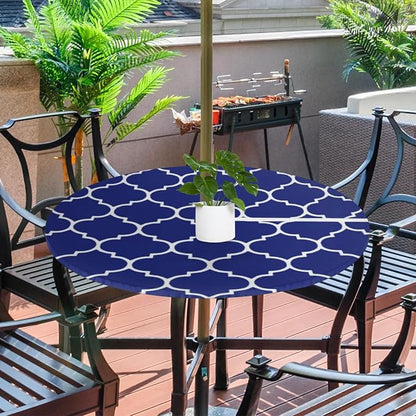 Fitted Round Tablecloth with Umbrella Hole and Zipper Navy Blue Outdoor Elastic Table Cloth 36"-44" Oil-Proof Waterproof Patio Table Cover for Dining Picnic Camping