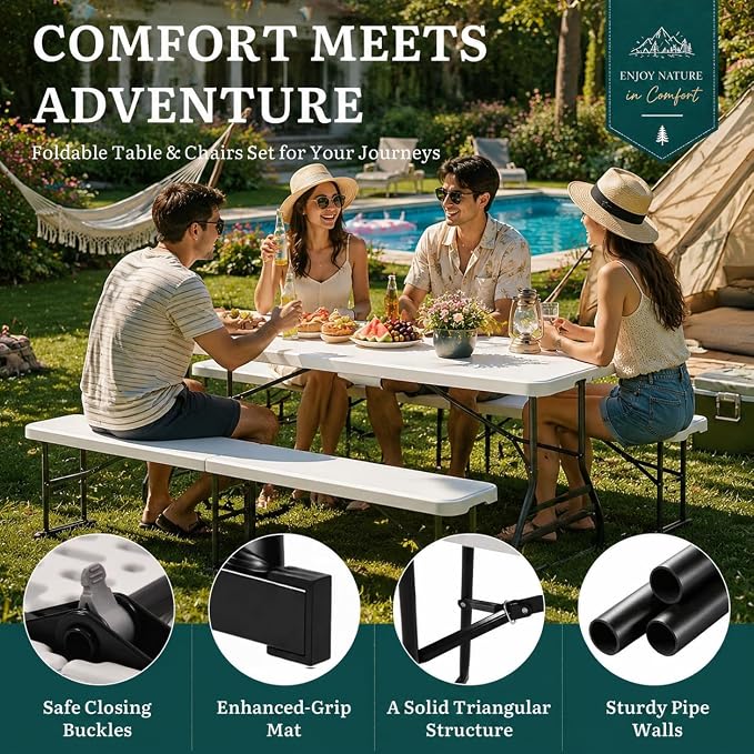 YITAHOME 6ft Folding Picnic Table with Benches | Heavy Duty 6 ft Picnic Tables for Outdoors, Portable Outdoor Table with Center Lock & Non-Slip Feet for Backyard, Camping