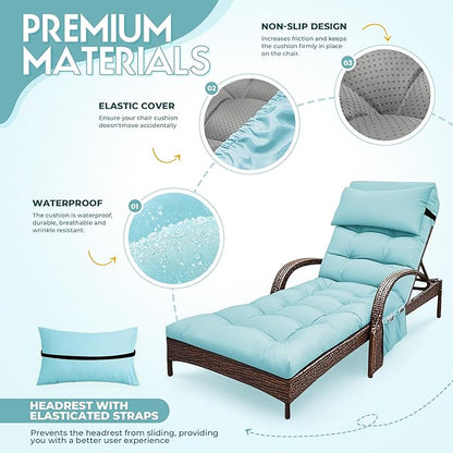 Outdoor Chaise Lounge Chair Cushion, Waterproof Outdoor Chair Cushions for Patio Furniture, 71 x 21 x 4 Inches Replacement Chaise Lounge Cushion with Ties (Teal)