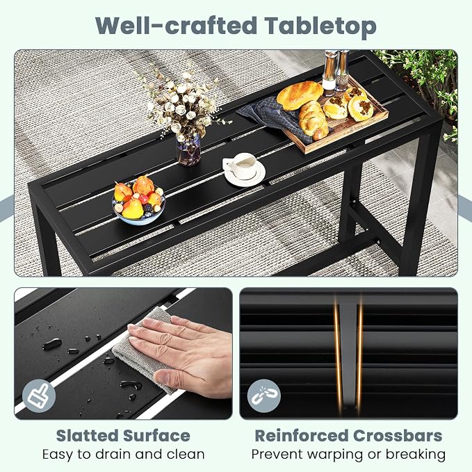 Giantex Outdoor Rectangle Bar Table with Counter Height, Slatted Top & Footrest, Heavy-Duty Metal Frame, 400Lbs Capacity, High Pub Table for Patio, Deck, Yard, Hot Tub, Balcony, Black (48")
