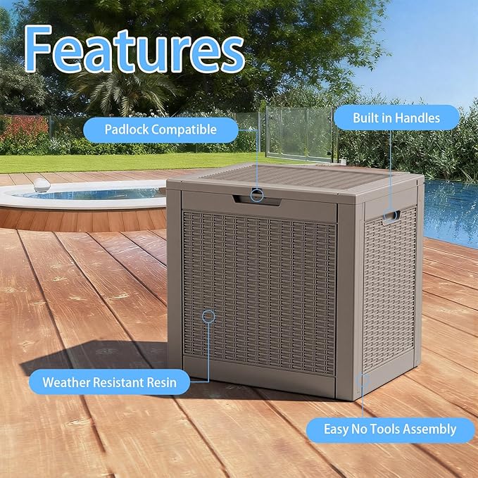 EasyUp 36 Gallon Outdoor Storage Box, Outdoor Deck Boxes for Garden Tools Equipment,Cushions and Patio Storage,Lockable and Resin,Easy to Install(Grey)