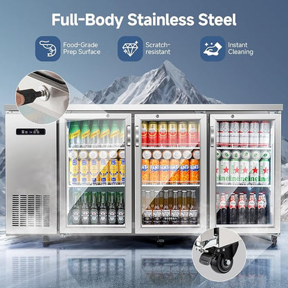 BODEGA BODEGACOOLER 20.5 Cu.Ft Commercial Back Bar Refrigerator, 3 Glass Door Beverage Cooler, Display Drink Fridge with LED & 6 Casters for Beer, Soda, Wine, SUS304 Stainless Steel Top