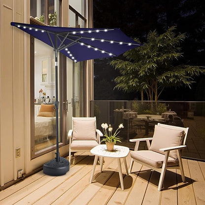 FLAME&SHADE 9 FT Solar Half Patio Umbrella with 25 LED Lights, Half Outdoor Umbrella with Button Tilt, Half Round Table Umbrella For Deck, Backyard, Balconies, Decks, Rvs, UV Protection (Navy Blue)