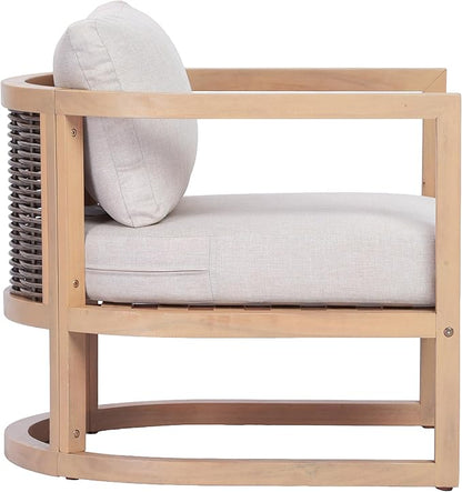 Merax Outdoor Acacia Wood Club Armchair wtih Cushions Set of 2, Patio Sofa Chair with Rattan-Woven Back, Sturdy Base for Porch, Lawn, Backyard, Balcony, Light Teak
