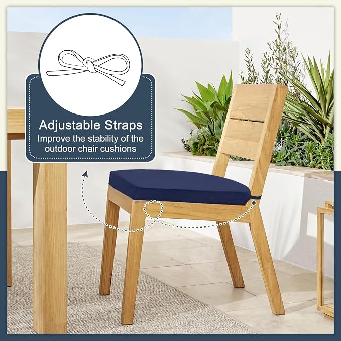 Cozyide Outdoor Chair Cushions, Waterproof Patio Seat Cushions with Adjustable Straps, Round Corner Patio Chair Cushions for Garden, Navy, 17x16x2 Inch (Pack of 2)