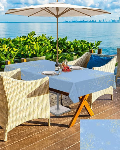 QueenKer Outdoor Tablecloth with Umbrella Hole, Minimalist Lines Leaves Flowers Blue Rectangle Tables Waterproof Tabletop Collection for Patio, Garden, Picnic, Camping, Dining 60 x 120 inch