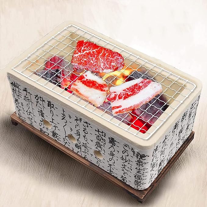 Japanese Ceramic Clay Charcoal Grill, Mini Tabletop BBQ Charcoal Stove with Wire Mesh Grill and Wooden Base for Indoor Outdoor
