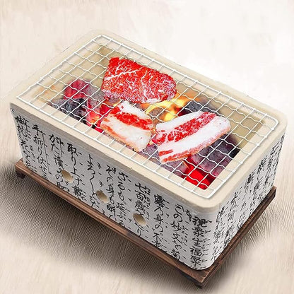 Japanese Ceramic Clay Charcoal Grill, Mini Tabletop BBQ Charcoal Stove with Wire Mesh Grill and Wooden Base for Indoor Outdoor