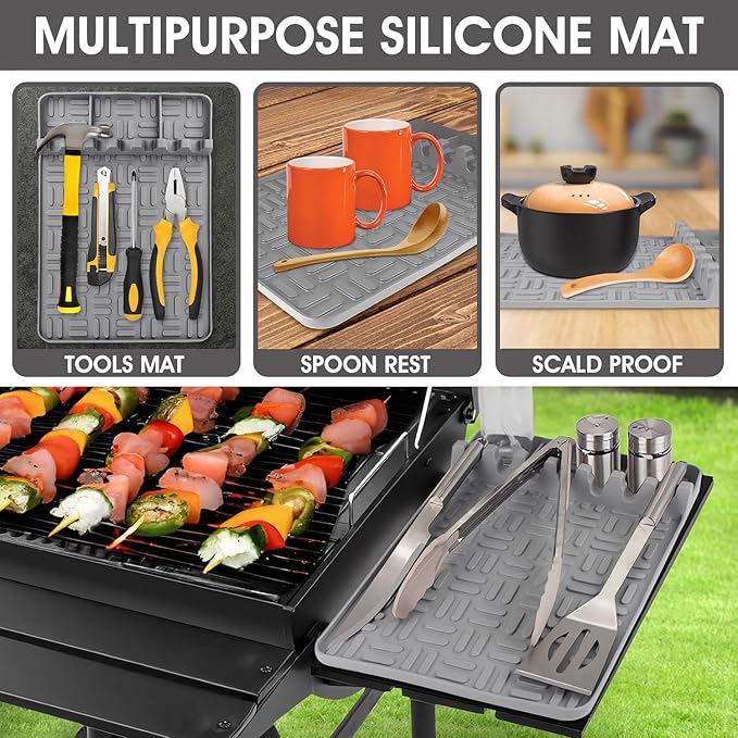 Vanys Silicone Griddle Tools Mat And Silicone Grease Cup Liners for Blackstone, Reusable Grease Catcher Cup And Silicone Spatula Mat Of Griddle Accessories For Blackstone. (4 PCS, Grey)