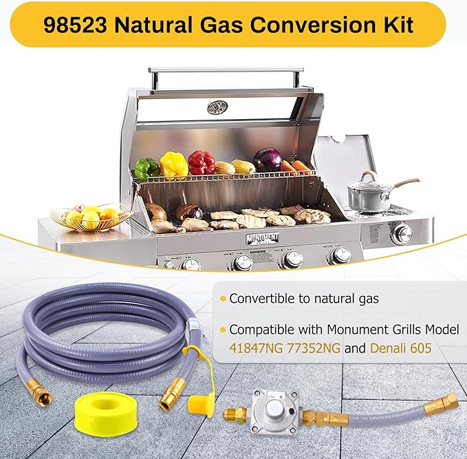 97352 98523 Natural Gas Conversion Kit Compatible with Monument Grills Model 41847NG 77352NG & Denali 605,Convert Your Grill from Propane to Natural Gas,10 Ft 1/2" ID Natural Gas Hose