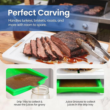 Large Cutting Board - XL Deluxe Meal Prep System with Meat Thermometer, Juice Groove, Spikes, Drip Tray & Removable BPA Free Cutting Board - Patented Multi-Feature Design Carving Board - Kitchen Gifts