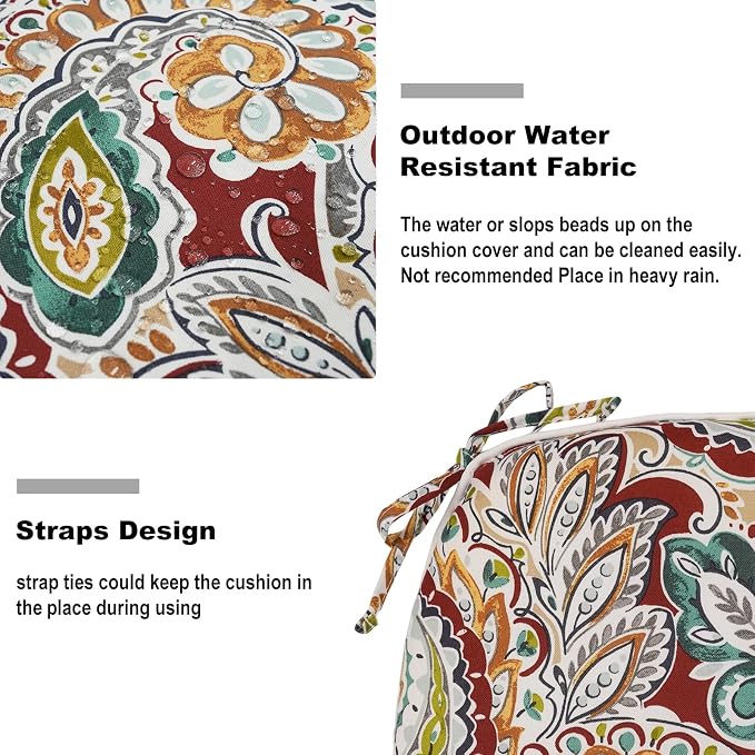 DYTXIII Set of 4 Outdoor Chair Cushions with Ties,Water Repellent Patio Chair Pads 17"x 16" for Outdoor Furniture,Round Corner Seat Cushions for Garden Yard Kitchen Paisley Chilli