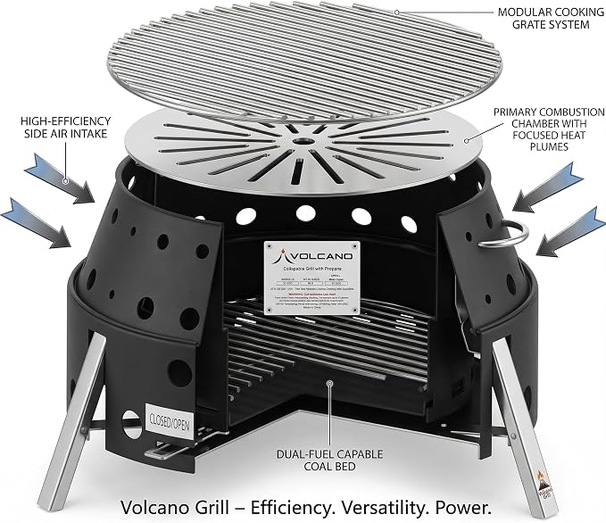 Volcano Tri-Fuel Collapsible Portable Grill & Stove with Lid–Propane, Charcoal &Wood, 19,500 BTU Burner,Heat-Safe Footprint,13"Cooking Surface, Carry Bag for Camping, Tailgating&Emergency Preparedness