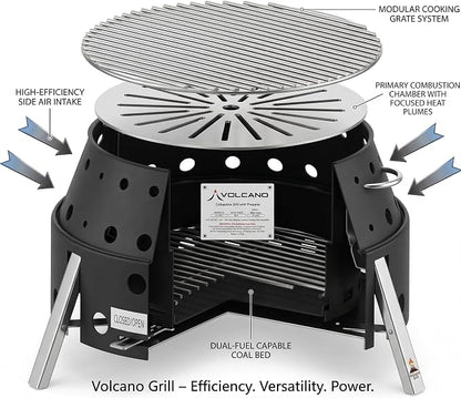 Volcano Tri-Fuel Collapsible Portable Grill & Stove with Lid–Propane, Charcoal &Wood, 19,500 BTU Burner,Heat-Safe Footprint,13"Cooking Surface, Carry Bag for Camping, Tailgating&Emergency Preparedness