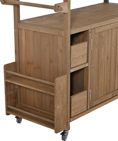Christopher Knight Home Edsel Outdoor Bar Cart with Stainless Steel Top and Lockable Wheels, Solid Wood Outdoor Storage Cabinet, Kitchen Island Serving Cart for Poolside, Garden, Natural Brown+Silver