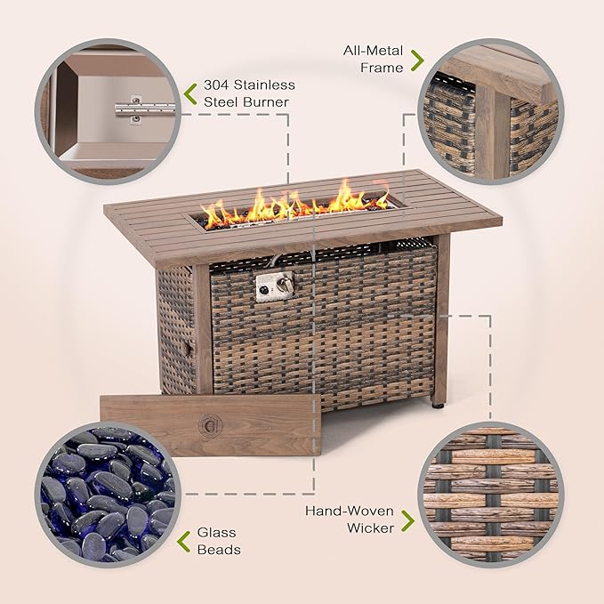 Nuu Garden 43” Propane Fire Pit, CSA-Listed Rattan Outdoor Fire Pit Table, 50,000 BTU Smokeless Gas Fire Table with Lid and Glass Beads, 2-in-1 Rectangular Fire Table for Outside Backyard Patio, Brown