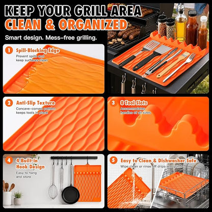 Blackstone Silicone Grill Mat BBQ Griddle Tool Mat Heat Resistant Spatula Mat with Drip Pad Side Mat for Blackstone Griddles Accessories Outdoor Kitchen Grills Countertop Protector Organizer (Orange)