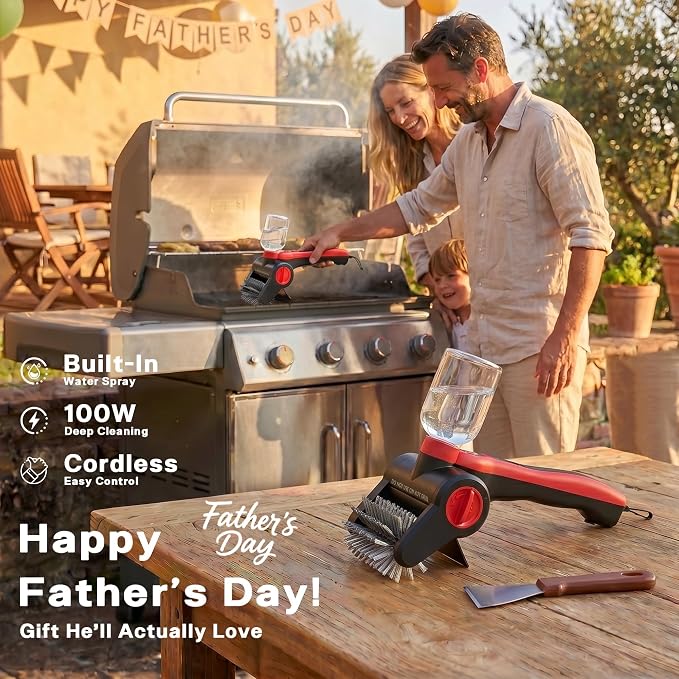 Electric Grill Brush with Water Spray System, Cordless BBQ Grill Cleaner, Rechargeable Power Scrubber for Gas, Charcoal & Pellet Grills, IPX8 Waterproof Grill Cleaning Brush with Scraper & Case