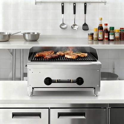 24" Commercial Propane Grill – 56,000 BTU 2-Burner Countertop Gas Grill with Cast Iron Grates & Lava Rocks, Convertible Between Propane & Natural Gas.Gas Charbroiler for Home & Commercial Kitchen.