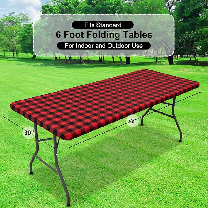 Buffalo Rectangle Picnic Tablecloth, 6 Foot Elastic Fitted Vinyl Table Cloth with Flannel Backing, Waterproof Plaid Table Covers for Dining, Camping, Outdoor (Black and Red, 30" x 72")