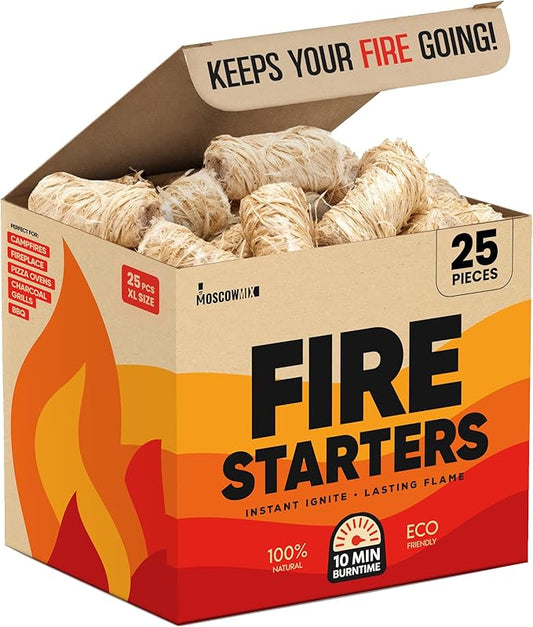 Moscow-Mix Fire Starter - Natural Fire Starters for Fireplace, Campfires, BBQ, Wood Stove, Smokers, Fire Pits - 25 pcs Weather Resistant Charcoal Starter for Grill - Food Grade Wax with 10 Min Burn