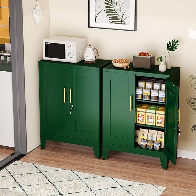 GAIOUS Green Metal Pantry Cabinet (Two Units), Sideboard Buffet Storage Cabient with Doors and 2 Adjustable Shelves, Multifunctional Kitchen Cupboard for Home Office, Accent Furniture, Buffet Table