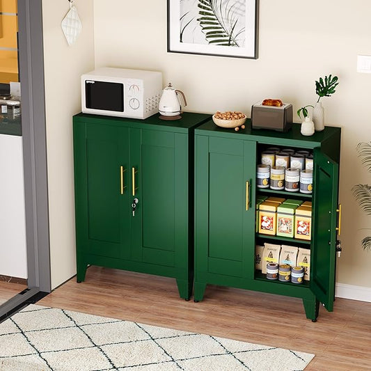 GAIOUS Green Metal Pantry Cabinet (Two Units), Sideboard Buffet Storage Cabient with Doors and 2 Adjustable Shelves, Multifunctional Kitchen Cupboard for Home Office, Accent Furniture, Buffet Table