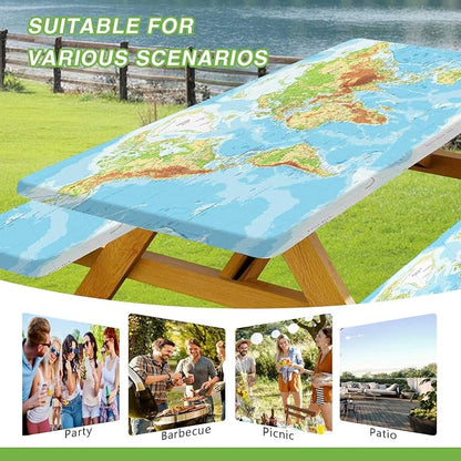 JAWO World Map Print 3 Piece Picnic Table & Bench Cover Set, Waterproof Elastic Fitted Tablecloth for Outdoor Travel Camping Backyard BBQ, 30x72 Inch