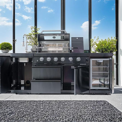 104" Modular Outdoor Kitchen Island With Grill And Side Burner, 4-burner 72,000 Btu Propane Bbq Island, Refrigerator, Separate Sink & Prep Station, For Backyard NG-Black 72000BTU/85 Inch